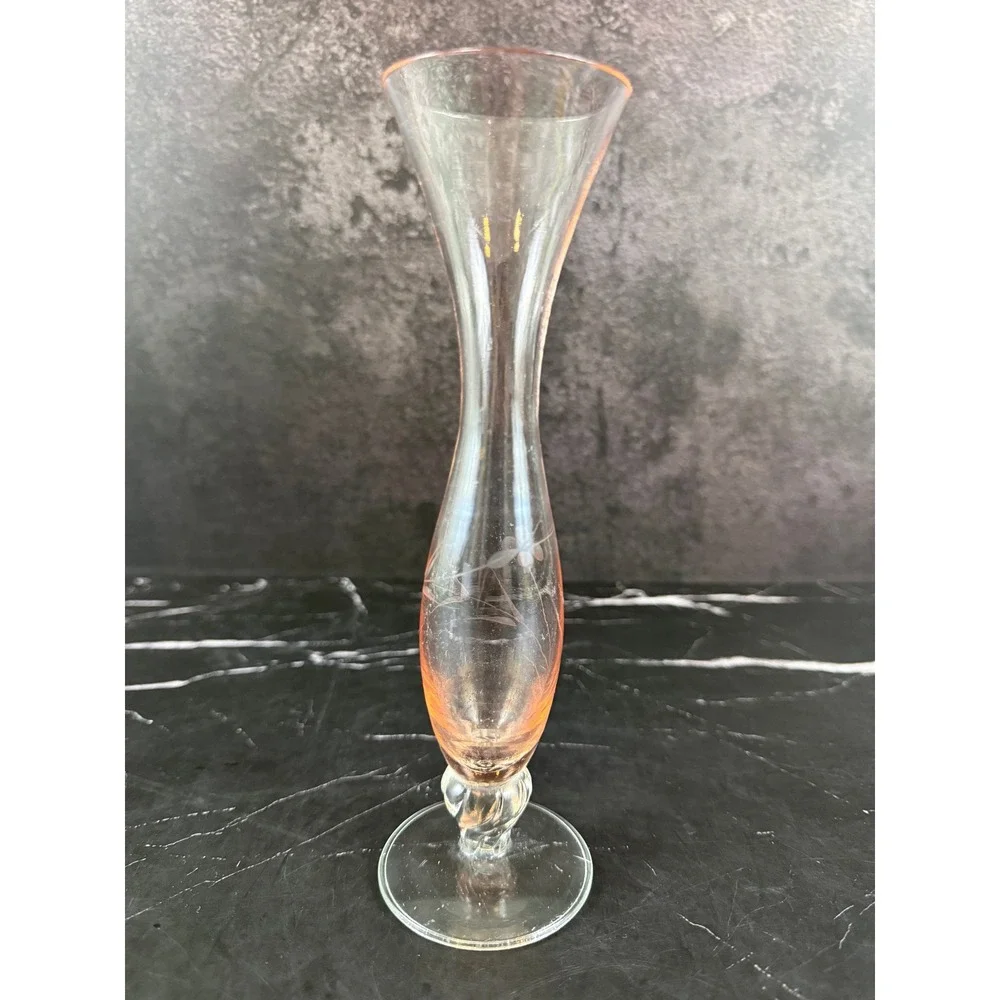 VTG Floral Etched Footed Bud Vase Pale Pink Flared Top 8in Tall MINT!